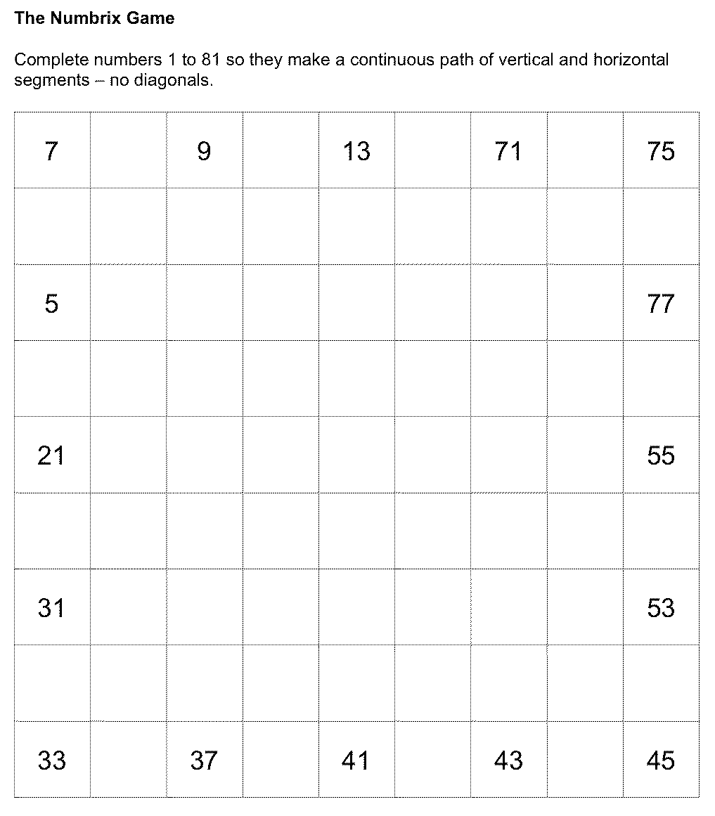 A sample Numbrix puzzle to solve.
