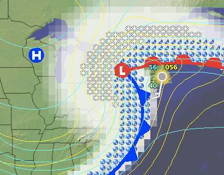 Diagram of the weather associated with a low pressure system with a warm and cold front extending from the center.