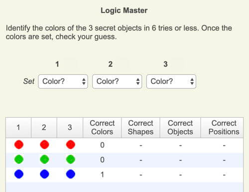 Practice game of Logic Master. The next guess should solve the game.