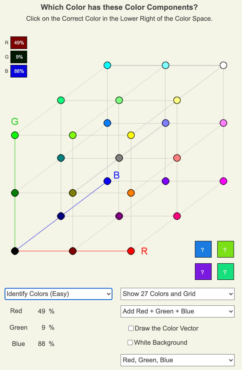Screenshot of Color Vectors web app activity to identify the color from displayed color components.