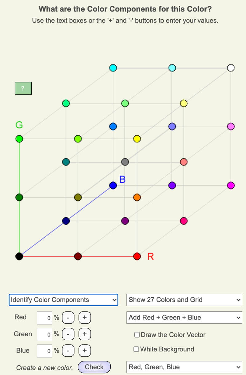 Screenshot of Color Vectors web app activity to identify color components of a displayed color.