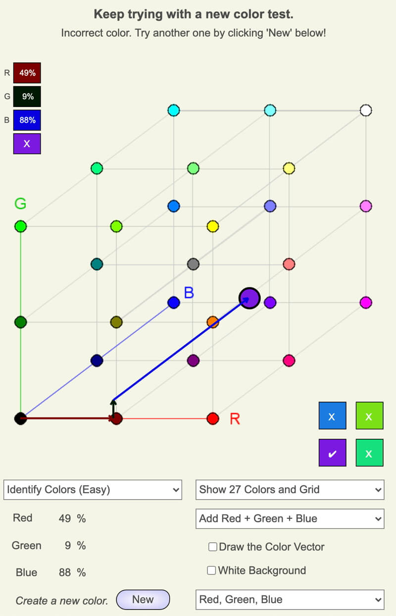 Screenshot of feedback provided during Color Vectors web app activity to identify the color using the displayed color components.