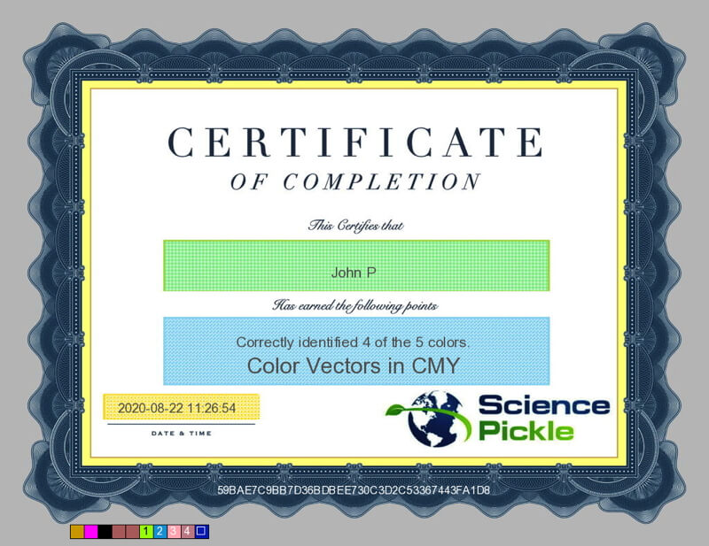 Sample certificate of completion of a quiz in the Color Vectors web app.