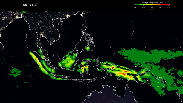 Animation of the effect of diurnal heating of land on tropical precipitation.