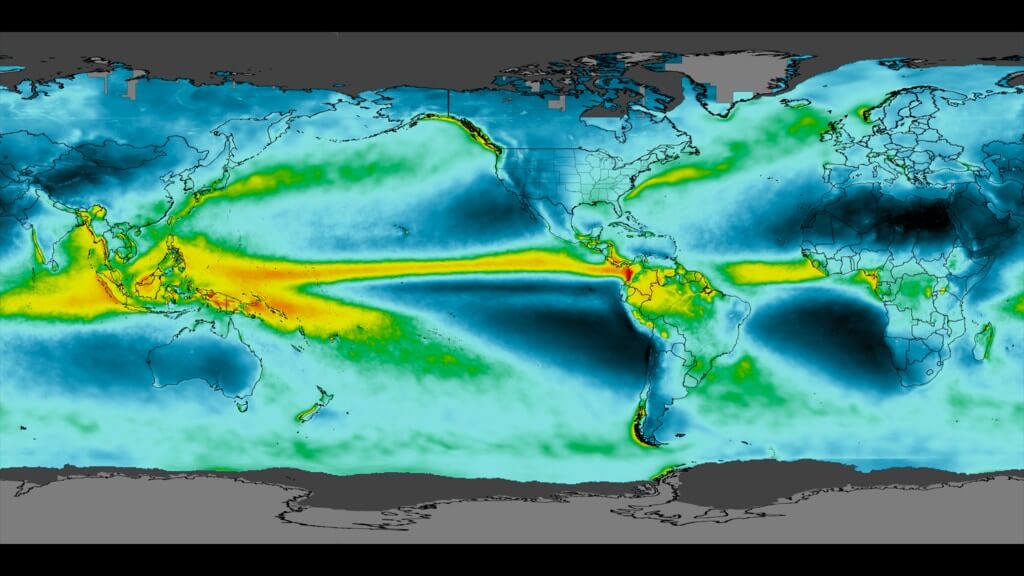 Average annual global precipitation based on satellite images.